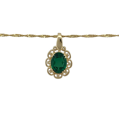 Bring vibrant colour and elegant simplicity to your collection with this pre-owned 9ct yellow gold and green stone pendant necklace, combining classic charm with refined sparkle—perfect for everyday wear or special occasions.

Design: The pendant features an oval emerald-coloured green stone measuring 8mm by 6mm, set in a timeless design and suspended from a 16-inch Singapore chain. The pendant, including the bail, measures 1.7cm in length, creating a delicate and balanced look.