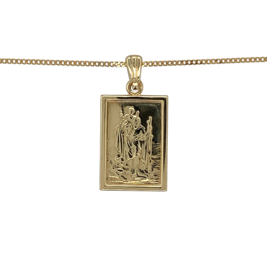 Bring meaningful style and classic faith-inspired design to your collection with this pre-owned 9ct yellow gold St Christopher pendant necklace, combining traditional craftsmanship with timeless elegance—perfect for everyday wear or as a thoughtful gift.

Design: The pendant features a rectangular St Christopher design, symbolising protection and safe travels, and measures 2.5cm long including the bail. It is paired with an 18-inch curb chain, creating a refined and balanced look.