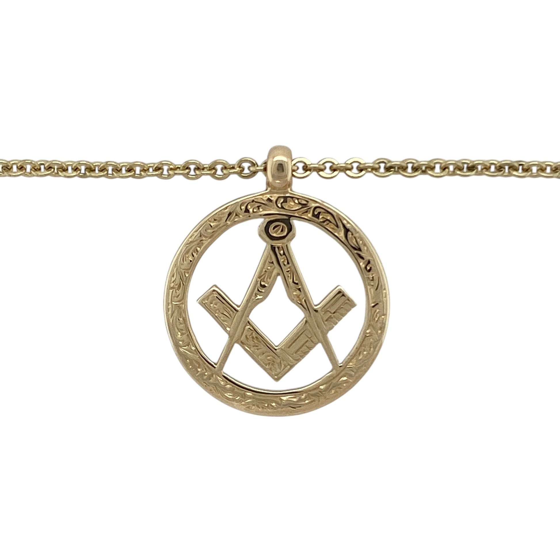 Bring distinguished style and symbolic meaning to your collection with this pre-owned 9ct yellow gold Masonic pendant necklace, combining classic craftsmanship with timeless significance—perfect for statement wear or as a meaningful keepsake.

Design: The pendant features the traditional Masonic symbol within a round frame, measuring 2.5cm long including the bail. It is paired with a 20-inch belcher chain, offering a bold and balanced look with refined detail.