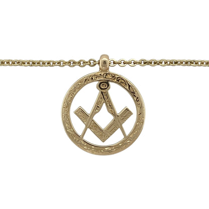 Bring distinguished style and symbolic meaning to your collection with this pre-owned 9ct yellow gold Masonic pendant necklace, combining classic craftsmanship with timeless significance—perfect for statement wear or as a meaningful keepsake.

Design: The pendant features the traditional Masonic symbol within a round frame, measuring 2.5cm long including the bail. It is paired with a 20-inch belcher chain, offering a bold and balanced look with refined detail.