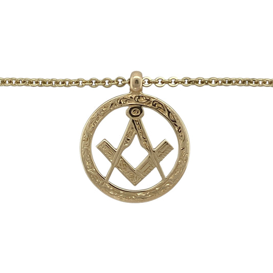 Bring distinguished style and symbolic meaning to your collection with this pre-owned 9ct yellow gold Masonic pendant necklace, combining classic craftsmanship with timeless significance—perfect for statement wear or as a meaningful keepsake.

Design: The pendant features the traditional Masonic symbol within a round frame, measuring 2.5cm long including the bail. It is paired with a 20-inch belcher chain, offering a bold and balanced look with refined detail.
