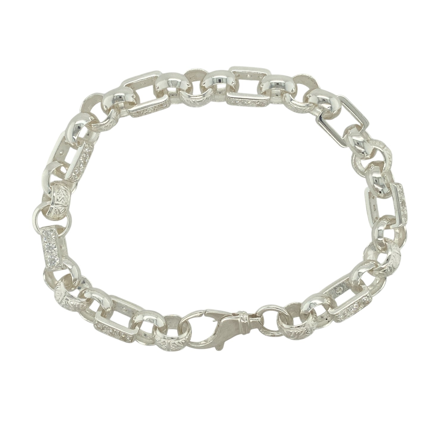 New 925 Silver & Cubic Zirconia Set Patterned Gypsy Style Link Bracelet