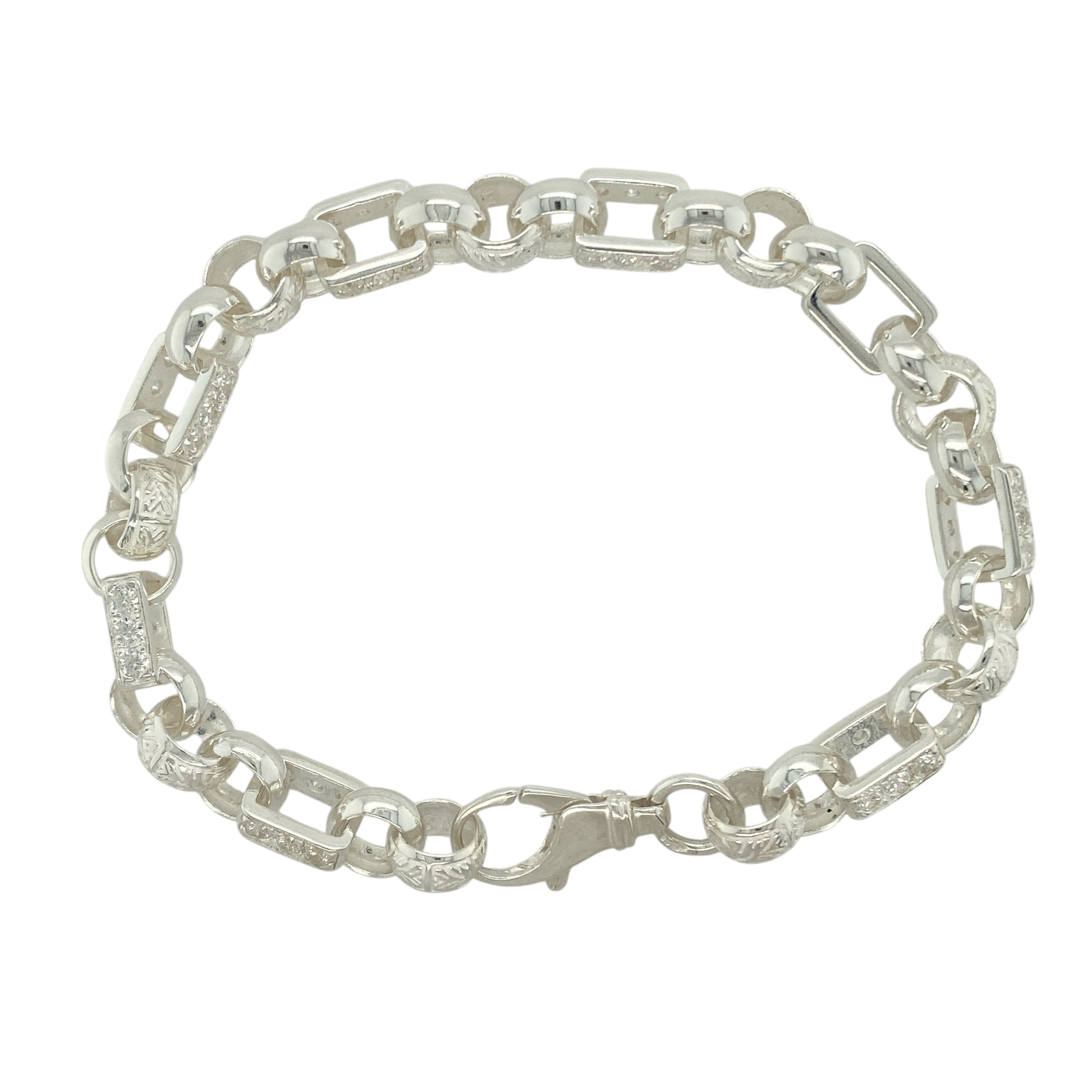 New 925 Silver & Cubic Zirconia Set Patterned Gypsy Style Link Bracelet