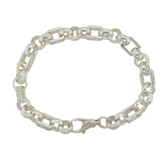 New 925 Silver & Cubic Zirconia Set Patterned Gypsy Style Link Bracelet