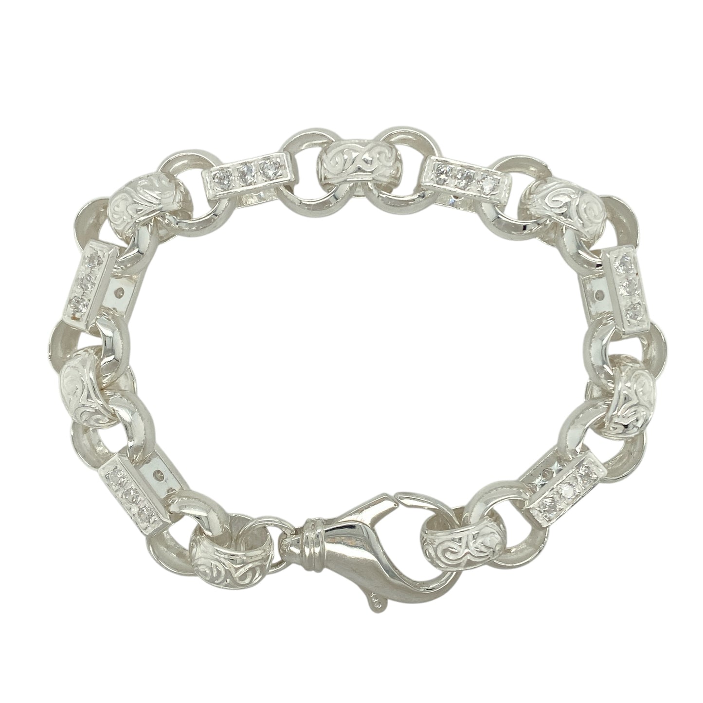 New 925 Silver & Cubic Zirconia Set 9" Patterned Gypsy Style Link Bracelet