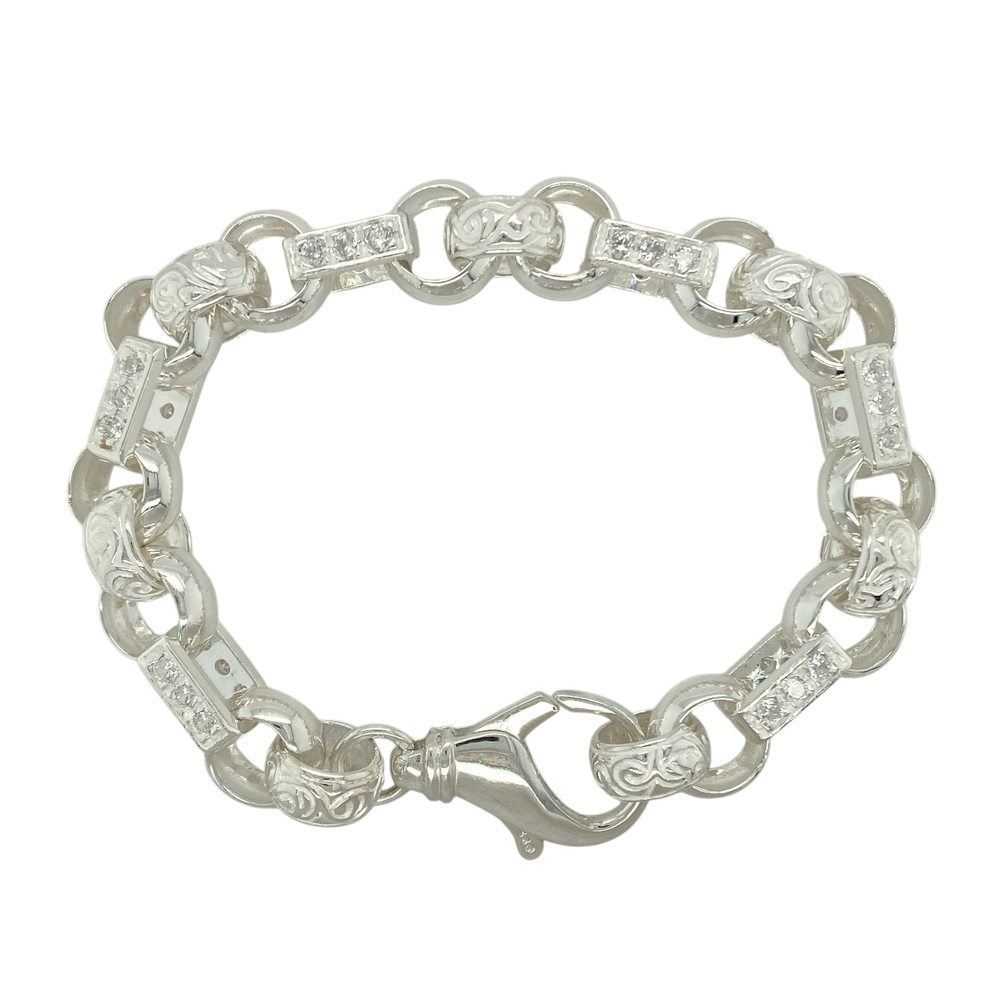 New 925 Silver & Cubic Zirconia Set 9" Patterned Gypsy Style Link Bracelet