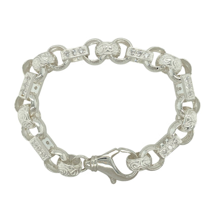 New 925 Silver & Cubic Zirconia Set 9" Patterned Gypsy Style Link Bracelet