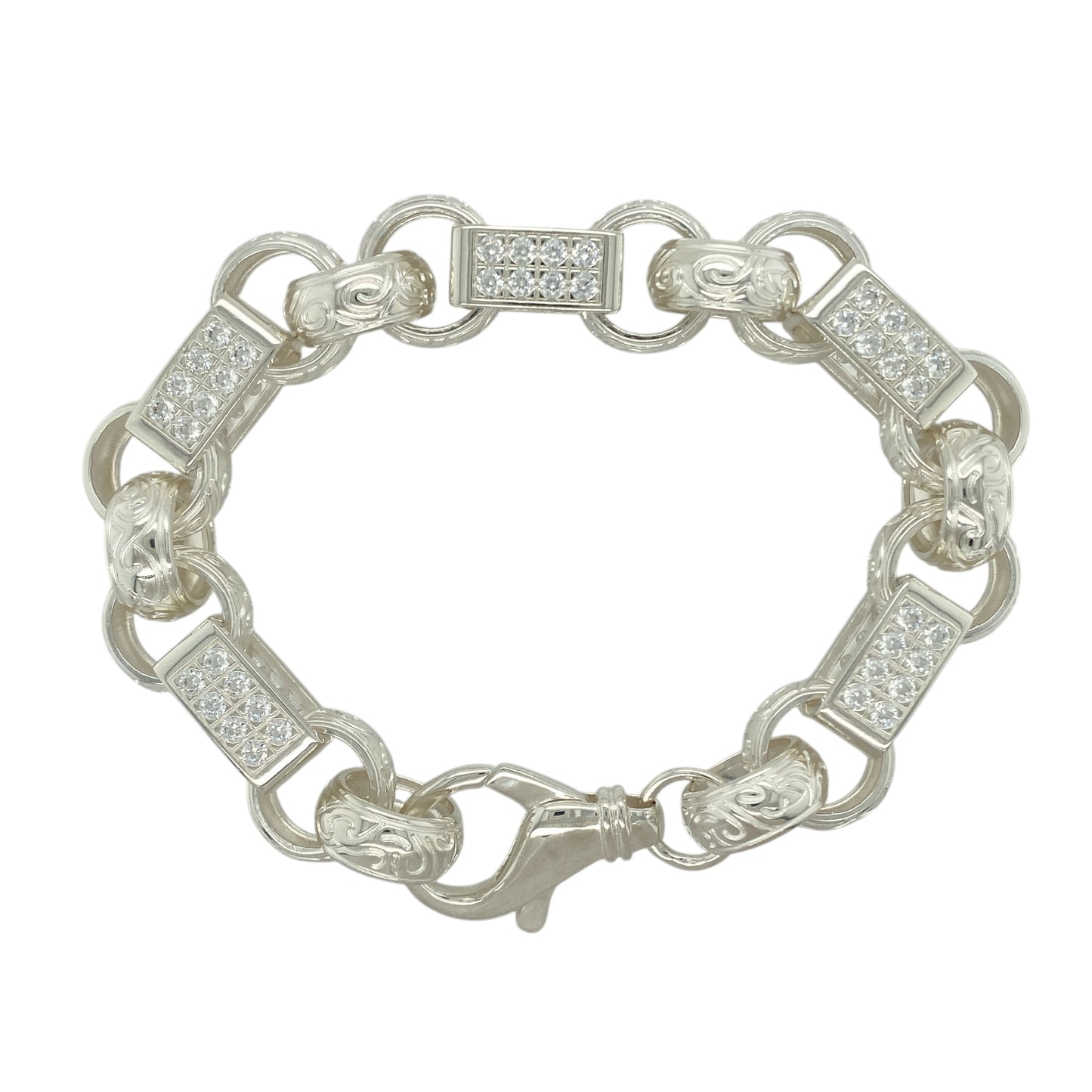 New 925 Silver & Cubic Zirconia Set 9.5" Patterned Gypsy Style Link Bracelet