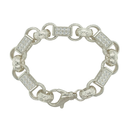 New 925 Silver & Cubic Zirconia Set 9.5" Patterned Gypsy Style Link Bracelet