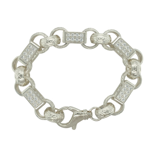 New 925 Silver & Cubic Zirconia Set 9.5" Patterned Gypsy Style Link Bracelet