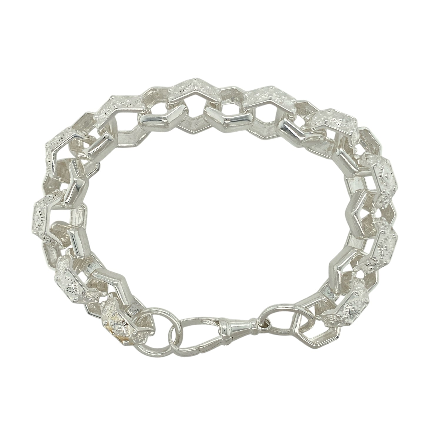 New 925 Silver 10" Patterned Hexagon Link Belcher Bracelet