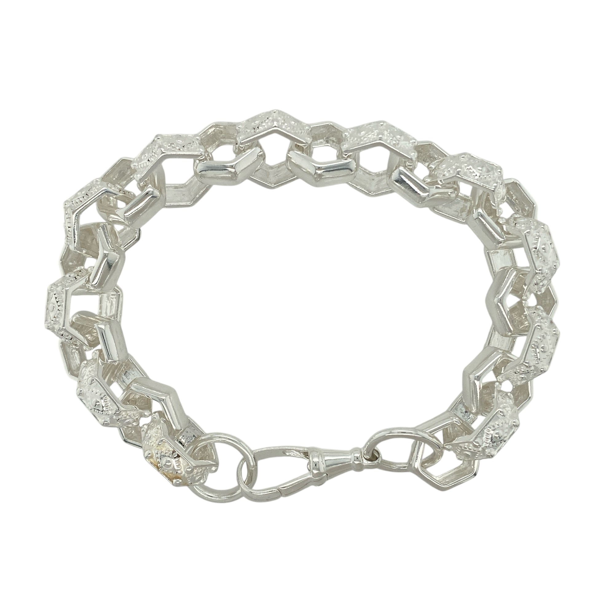 New 925 Silver 10" Patterned Hexagon Link Belcher Bracelet