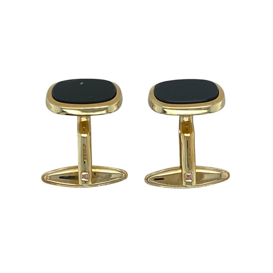 Bring refined sophistication and timeless style to your collection with these pre-owned 9ct yellow gold and onyx cufflinks, combining classic craftsmanship with bold contrast—perfect for formal occasions or elegant everyday wear.

Design: Each cufflink features a polished rectangular onyx stone measuring 12mm by 9mm, showcasing deep black tones that create a striking contrast against the warm gold setting.