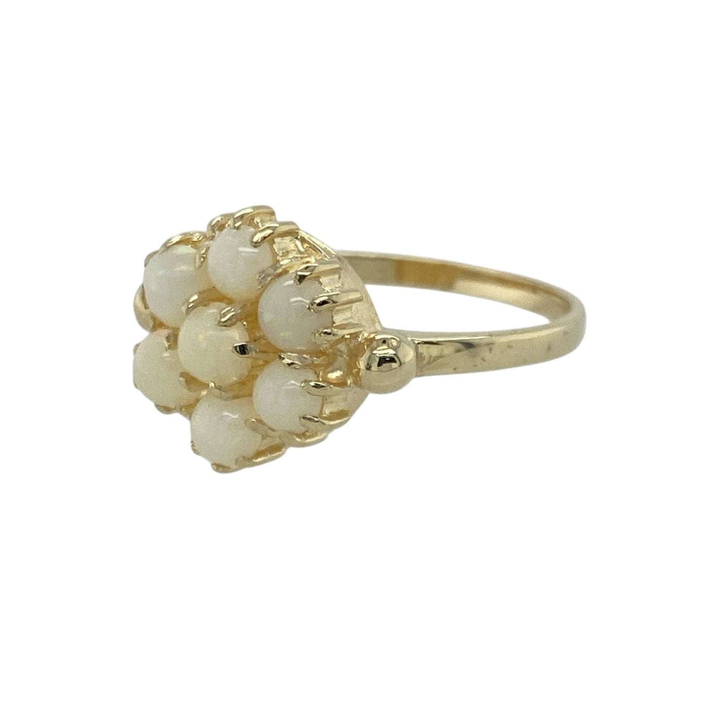 Bring soft colour and vintage-inspired elegance to your collection with this pre-owned 9ct yellow gold opalique flower cluster ring, combining timeless charm with graceful detail—perfect for both everyday wear and special occasions.

Design: The ring features a floral cluster design with shimmering opalique stones, creating a captivating play of colour across the 12mm-high front. The flower motif adds a touch of classic femininity and refined style.