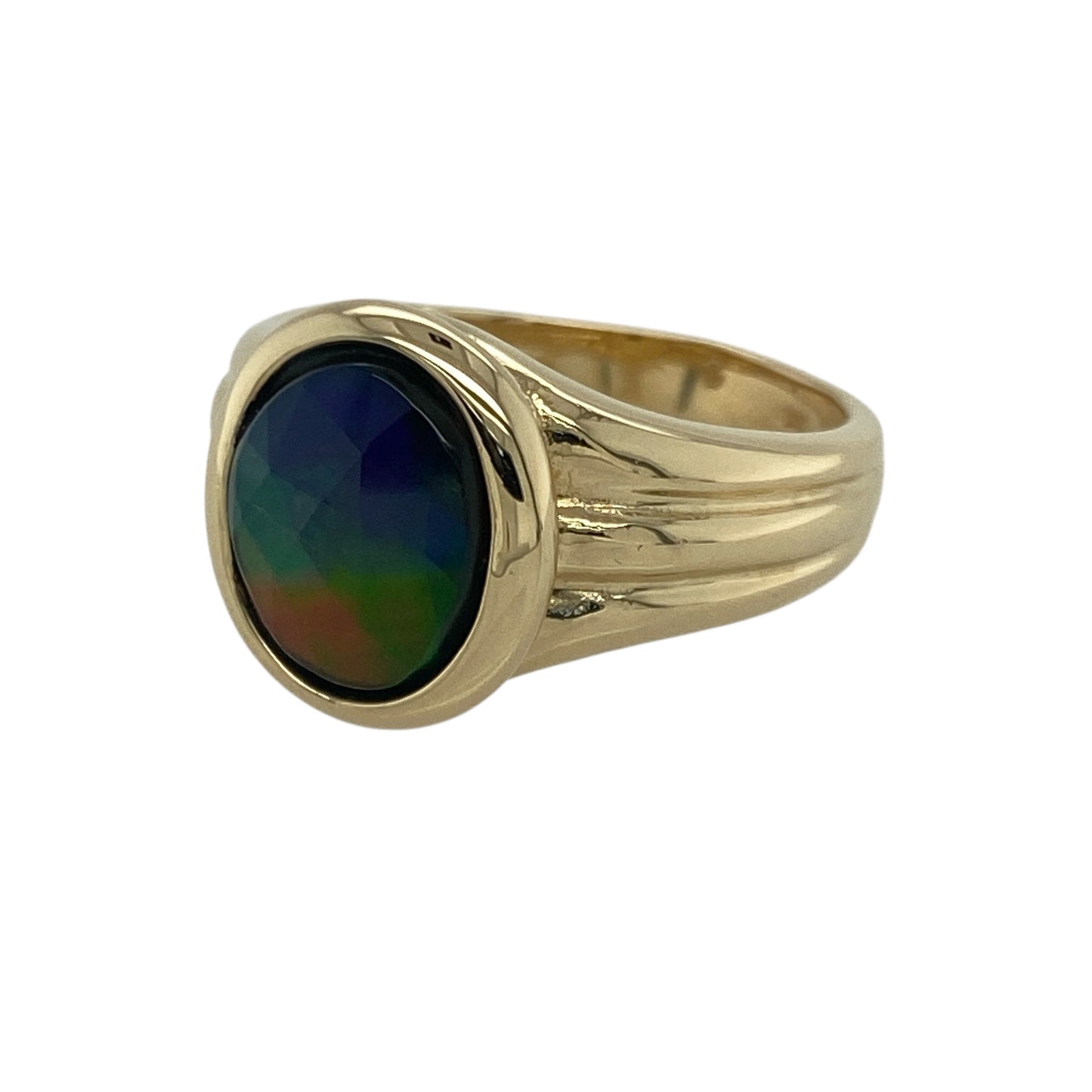Bring vibrant colour and bold elegance to your collection with this pre-owned 14ct yellow gold rainbow doublet oval signet ring, combining classic design with a striking contemporary twist—perfect for statement wear or refined everyday style.

Design: The ring features an oval rainbow doublet stone measuring 11mm by 9mm, displaying a captivating play of colours that shimmer beautifully in the light. Its smooth