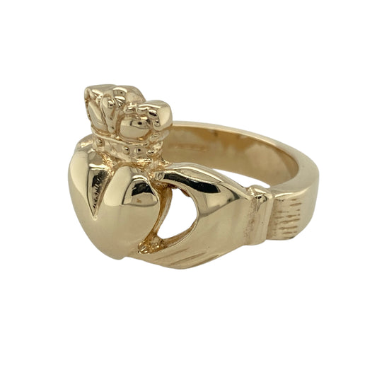 Bring rich symbolism and timeless Irish heritage to your collection with this pre-owned 9ct yellow solid gold Claddagh ring, combining traditional meaning with substantial craftsmanship—perfect for statement wear or as a symbol of love, loyalty, and friendship.

Design: The ring features the classic Claddagh design with hands, heart, and crown, representing friendship, love, and loyalty. The front of the ring measures 18mm high, giving it a bold and distinguished appearance.