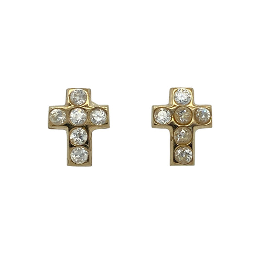 Bring radiant sparkle and classic charm to your jewellery collection with these pre-owned 9ct yellow gold and cubic zirconia set cross stud earrings—perfect for adding a touch of elegance to any occasion.

Design: Each earring features a traditional cross design adorned with shimmering cubic zirconia stones, offering a refined balance of brilliance and faith-inspired style.
Material: Made from 9-carat yellow gold, the polished finish enhances the sparkle of the stones and adds warmth to the overall look.