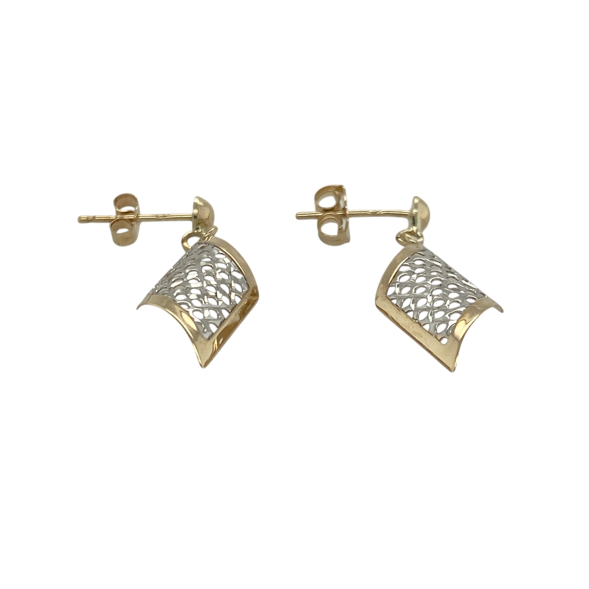 Bring elegant contrast and delicate movement to your look with these pre-owned 9ct yellow and white gold open weave drop earrings—perfect for adding sophistication to any outfit.

Design: Each earring features an intricate open weave pattern that blends yellow and white gold tones, creating a graceful interplay of light and texture. The elongated drop design adds fluidity and timeless charm.