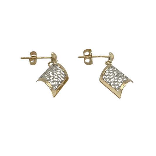 Bring elegant contrast and delicate movement to your look with these pre-owned 9ct yellow and white gold open weave drop earrings—perfect for adding sophistication to any outfit.

Design: Each earring features an intricate open weave pattern that blends yellow and white gold tones, creating a graceful interplay of light and texture. The elongated drop design adds fluidity and timeless charm.