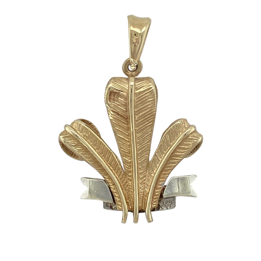Bring heritage and bold elegance to your collection with this pre-owned 9ct yellow and white gold large Welsh Three Feathers pendant—perfect for celebrating pride, tradition, and timeless style.

Design: The pendant showcases the iconic Welsh Three Feathers emblem in exquisite detail, combining yellow and white gold tones for depth and contrast. The intricate feather design symbolises strength, unity, and honour, making it a meaningful statement piece.