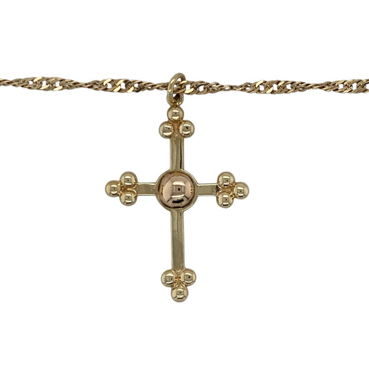 Bring faith and elegant contrast to your collection with this pre-owned 9ct yellow and rose gold Clogau cross pendant necklace—perfect for adding meaningful style to any occasion.

Design: The necklace features a beautifully detailed Clogau cross pendant measuring 3.8cm long including the bail, combining warm rose gold accents with classic yellow gold for a timeless and symbolic design. The subtle contrast between the two tones enhances the intricate craftsmanship.