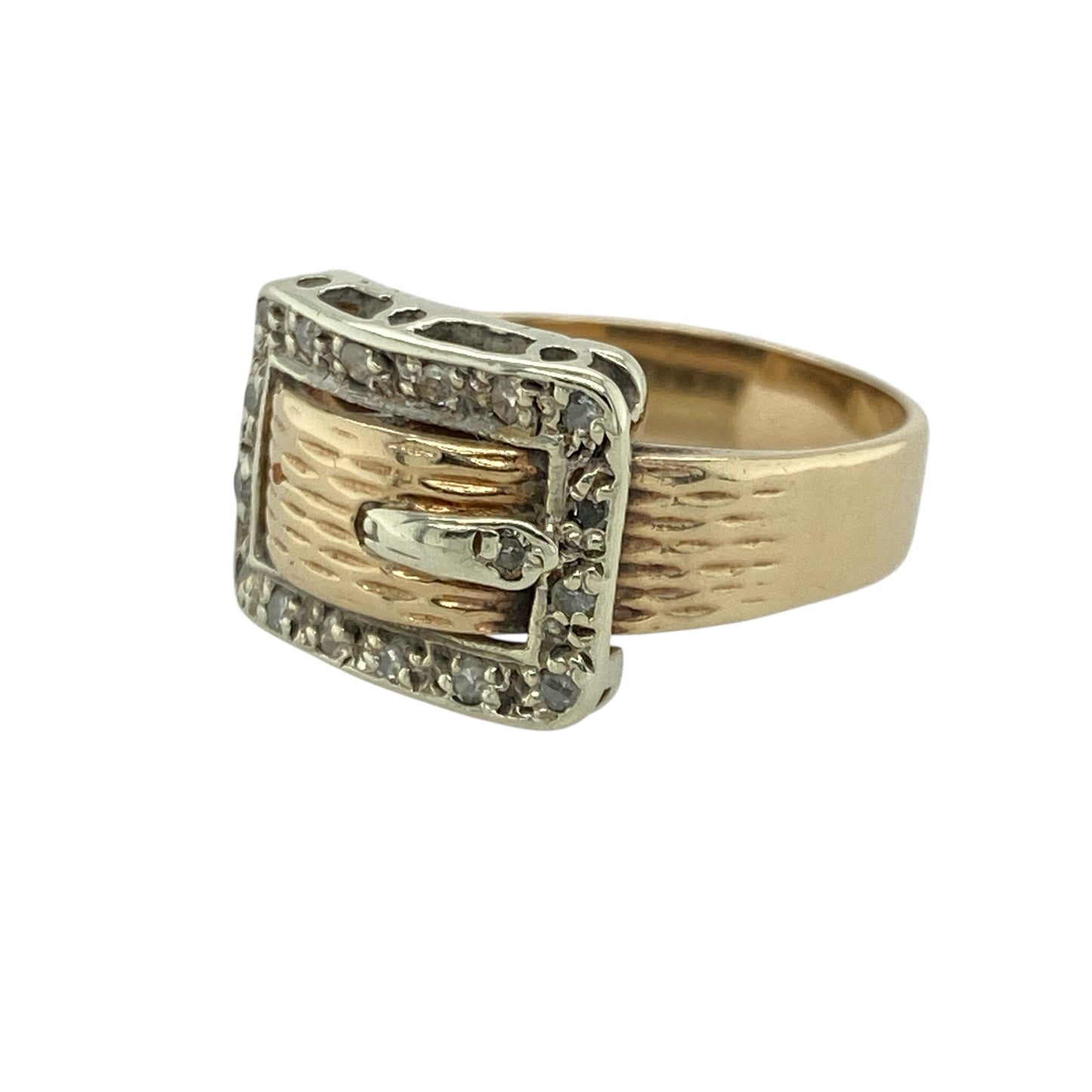 Bring classic sparkle and distinctive style to your collection with this pre-owned 9ct yellow and white gold diamond set buckle ring—perfect for adding a touch of sophistication and character to any look.

Design: The ring features an eye-catching buckle motif, symbolising strength and loyalty, with the front measuring 11mm high. The buckle detail is accented with sparkling diamonds, adding refined brilliance to this timeless design.