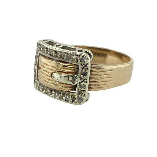 Bring classic sparkle and distinctive style to your collection with this pre-owned 9ct yellow and white gold diamond set buckle ring—perfect for adding a touch of sophistication and character to any look.

Design: The ring features an eye-catching buckle motif, symbolising strength and loyalty, with the front measuring 11mm high. The buckle detail is accented with sparkling diamonds, adding refined brilliance to this timeless design.