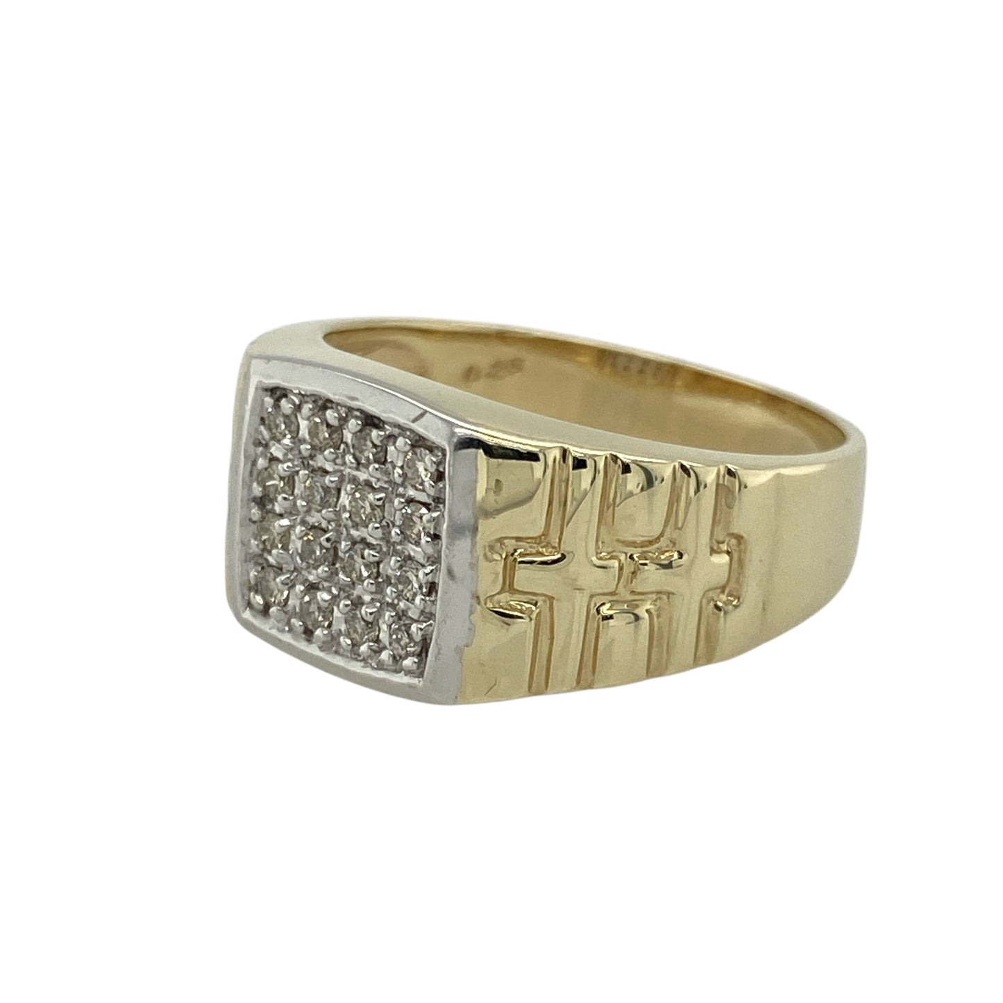 Bring bold design and refined sparkle to your collection with this pre-owned 9ct yellow and white gold diamond set watch strap style signet ring—perfect for those who appreciate distinctive and luxurious jewellery.

Design: The ring features a striking 11mm-high front in a classic watch strap style, combining texture and structure with a sophisticated finish. Set with approximately 0.25ct of diamonds, the design balances brilliance and boldness for a truly eye-catching look.