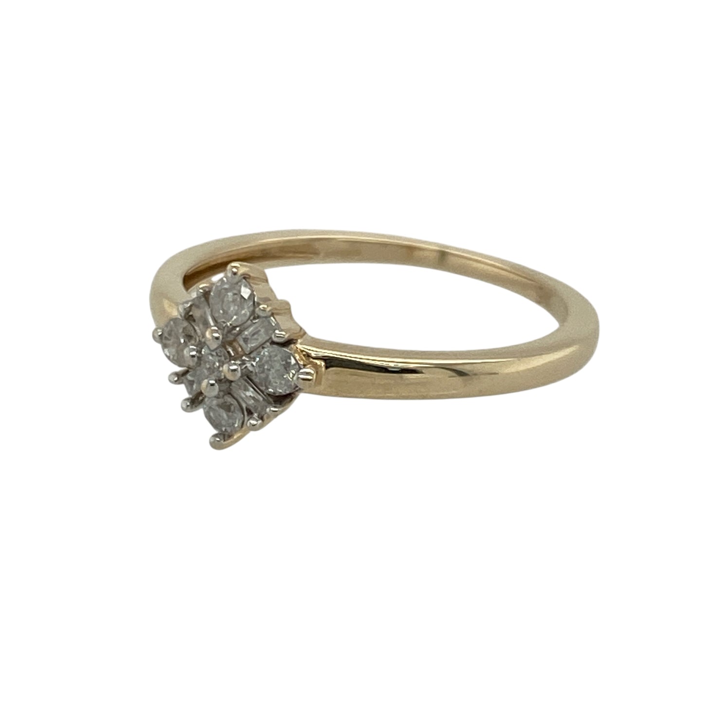 Bring classic sparkle and elegant design to your collection with this pre-owned 9ct yellow gold diamond set cluster ring—perfect for adding timeless sophistication to any occasion.

Design: The ring features an 8mm-high cluster made up of both brilliant and baguette-cut diamonds, arranged to create a beautiful play of light and texture. The combination of cuts adds depth and brilliance, giving the ring a refined and luxurious appearance.