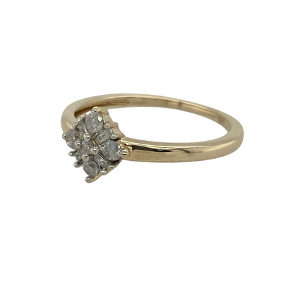Bring classic sparkle and elegant design to your collection with this pre-owned 9ct yellow gold diamond set cluster ring—perfect for adding timeless sophistication to any occasion.

Design: The ring features an 8mm-high cluster made up of both brilliant and baguette-cut diamonds, arranged to create a beautiful play of light and texture. The combination of cuts adds depth and brilliance, giving the ring a refined and luxurious appearance.