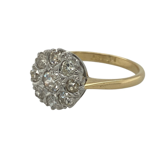 Bring radiant sparkle and timeless sophistication to your collection with this pre-owned 18ct yellow gold diamond set cluster ring—perfect for special occasions or as a statement of classic elegance.

Design: The ring features a stunning 12mm-high cluster design, centred around a larger brilliant-cut diamond surrounded by eight slightly smaller diamonds. The stones are set in white gold to enhance their brilliance and create a beautiful contrast with the warm yellow gold band.