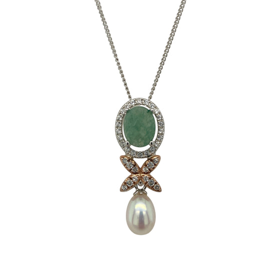 925 Silver Aventurine White Topaz & Pearl Set Clogau 18" - 22" Necklace