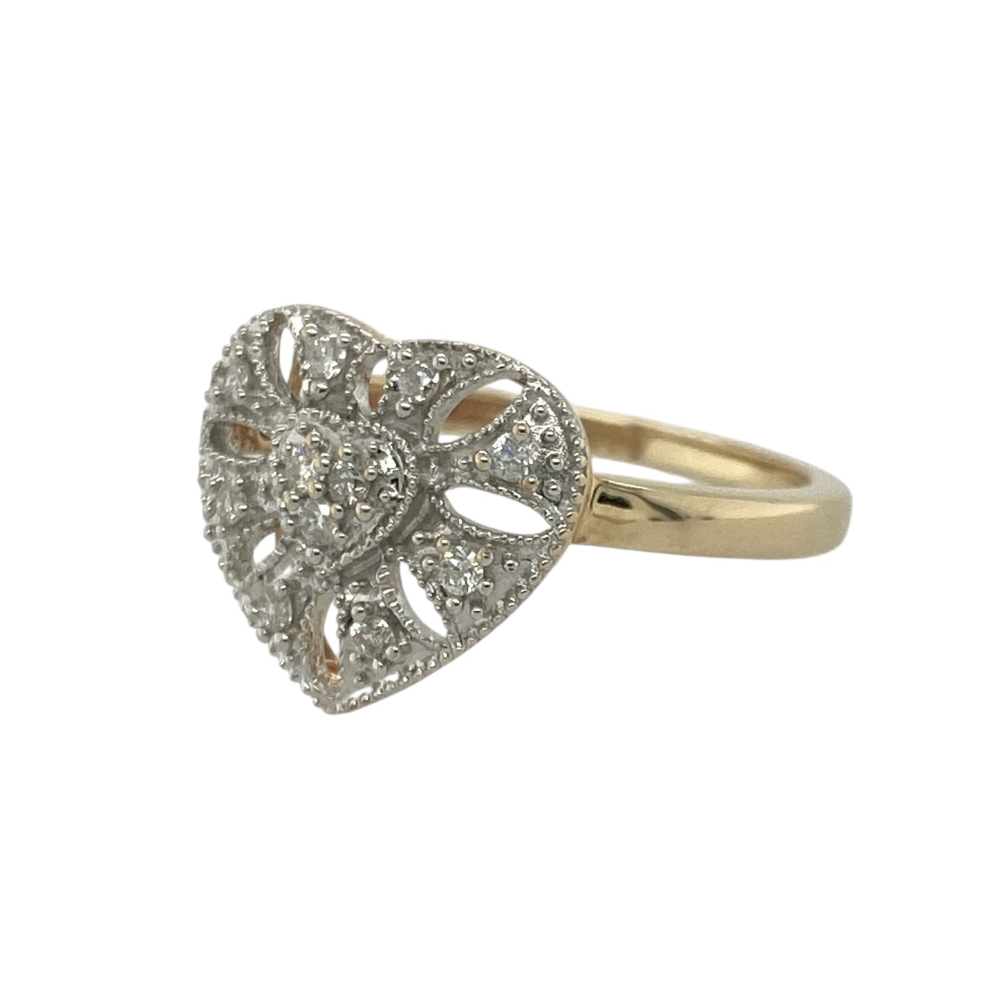 Add romantic charm and elegant detail to your collection with this pre-owned 9ct yellow and white gold diamond set open filigree heart ring — a beautifully feminine piece with timeless appeal.

Design: The ring features an intricate open filigree heart design at the front, measuring 13mm high, adorned with delicate diamonds that add subtle sparkle and depth to the graceful pattern.