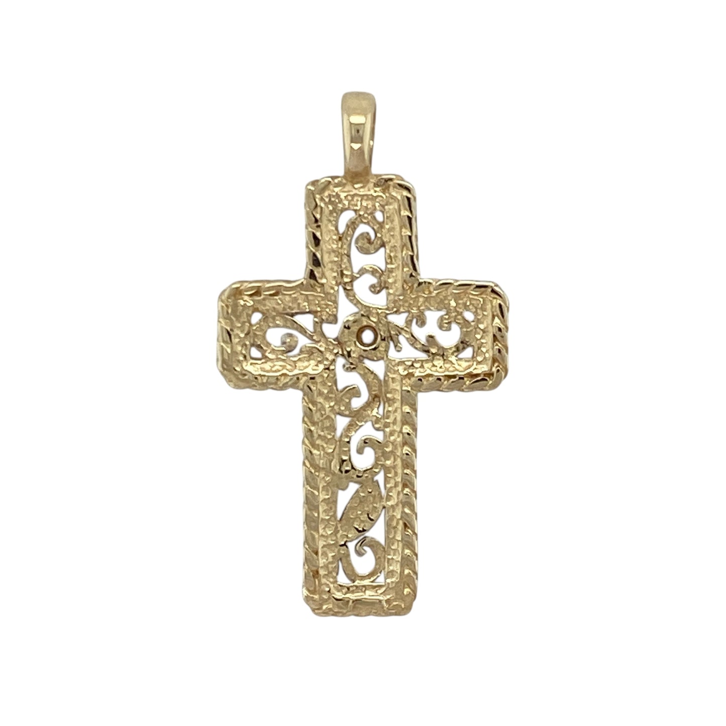 Add symbolic elegance and refined sparkle to your collection with this pre-owned 9ct yellow and white gold diamond set open patterned cross pendant — a timeless piece that blends faith with fine craftsmanship.

Design: The pendant features an openwork cross design with delicate diamond accents that add subtle brilliance and depth, creating a graceful and contemporary interpretation of a classic symbol.