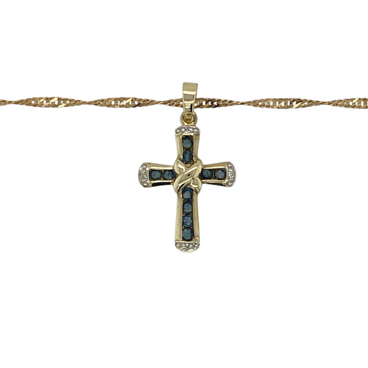 Add timeless beauty and classic sparkle to your collection with this pre-owned 9ct yellow gold diamond and sapphire set cross pendant on an 18" Singapore chain necklace — a refined piece that blends faith and elegance.

Design: The pendant features a delicate cross adorned with rich blue sapphires and sparkling diamonds, creating a graceful balance of colour and brilliance. Measuring 2.5cm long including the bail, it offers a subtle yet eye-catching presence.