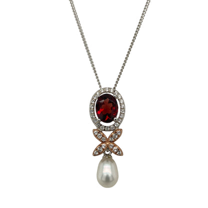 925 Silver Garnet Pearl & White Topaz Set Jubilee Superbloom 18" - 22" Necklace