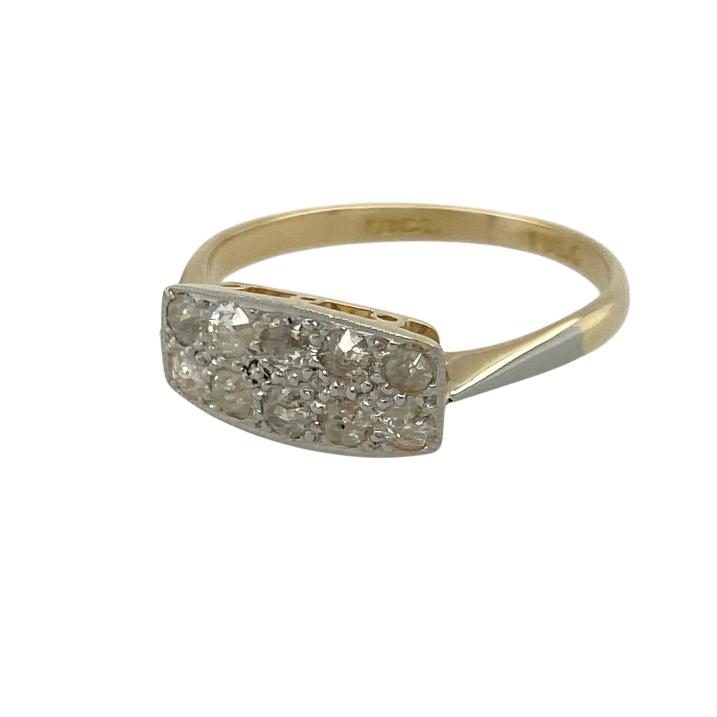 Add vintage charm and refined sparkle to your collection with this pre-owned 18ct yellow gold and platinum diamond set Art Deco ring, showcasing timeless design and elegant detail—perfect for lovers of classic style and sophistication.

Design: The ring features an Art Deco-inspired arrangement of diamonds across a 6mm wide front, creating a bold geometric look with a touch of vintage glamour.