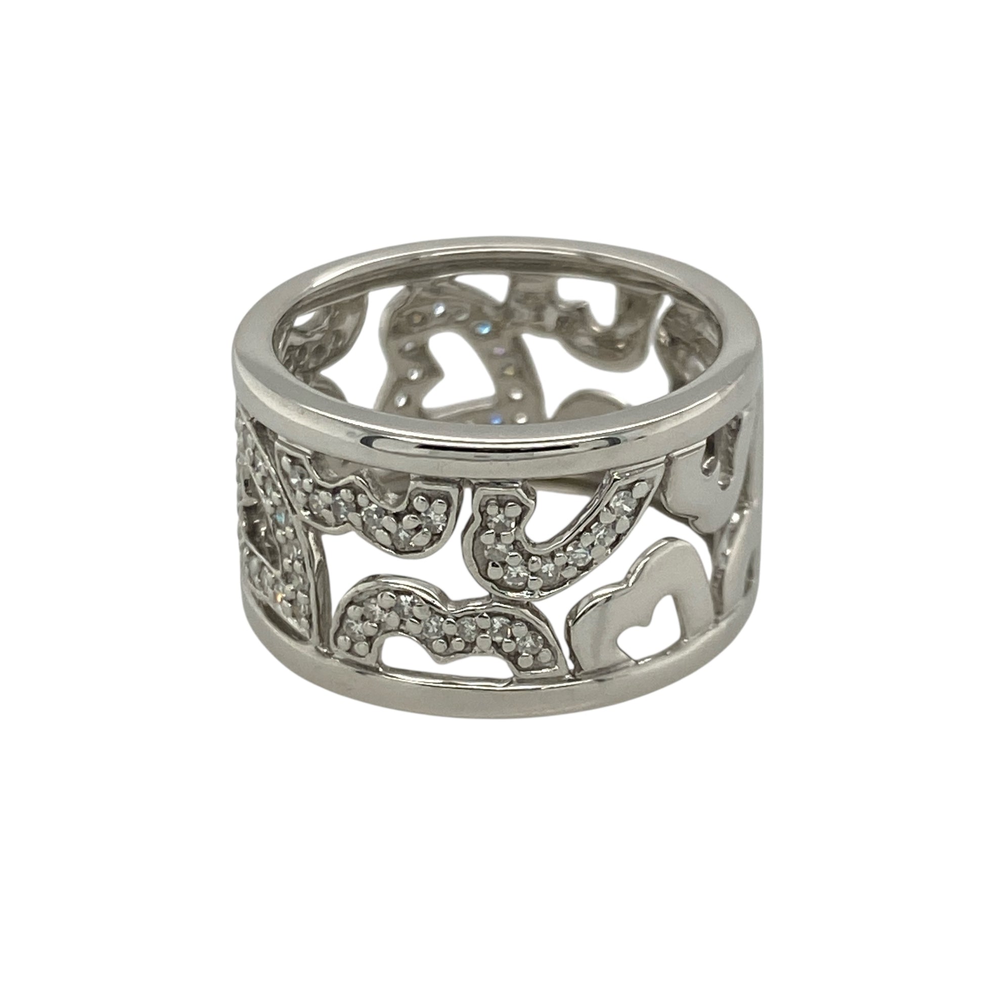 Pre-owned 9ct White Gold &amp; Diamond Set Wide Open Filigree Band Ring in size I to J with the weight 4.30 grams.