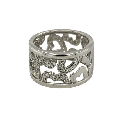 Pre-owned 9ct White Gold &amp; Diamond Set Wide Open Filigree Band Ring in size I to J with the weight 4.30 grams.