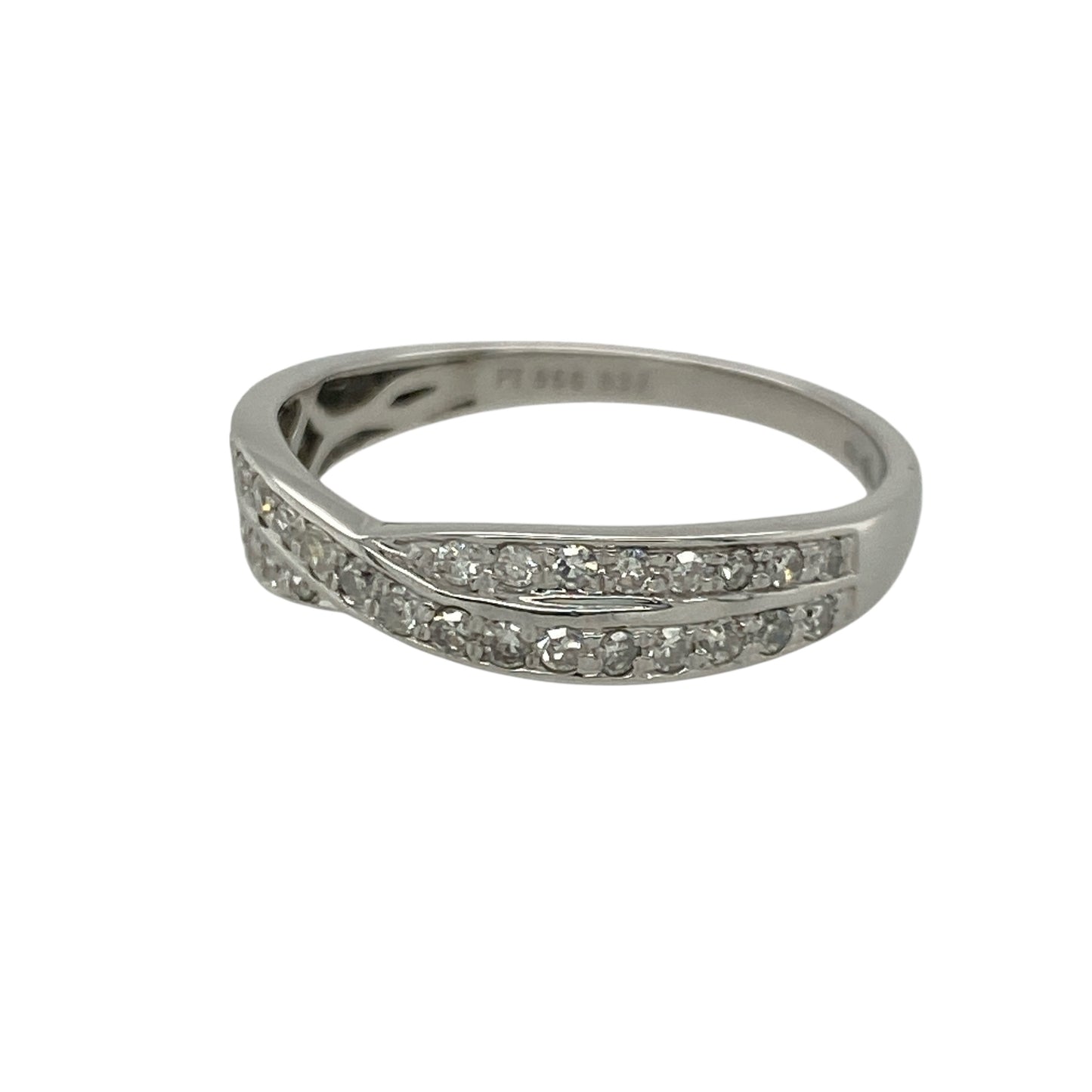Pre-owned Platinum &amp; Diamond Set Crossover Band Ring in size P with the weight 3.30 grams. The front of the band is 4mm wide and there is approximately 0.37ct of diamond content