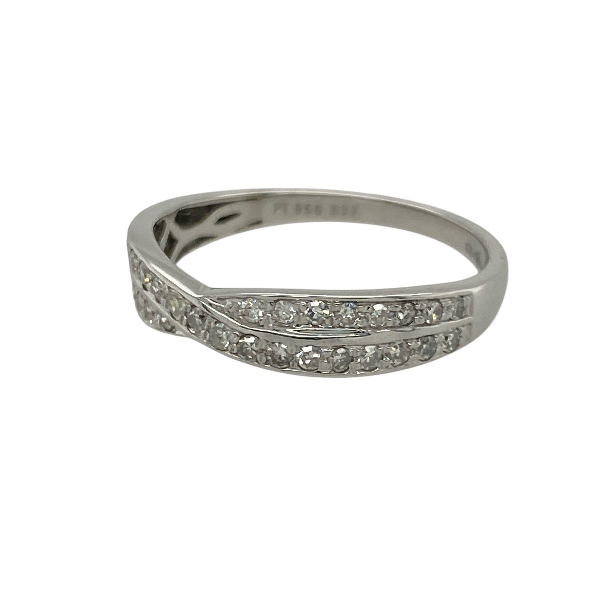 Pre-owned Platinum &amp; Diamond Set Crossover Band Ring in size P with the weight 3.30 grams. The front of the band is 4mm wide and there is approximately 0.37ct of diamond content