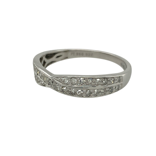 Pre-owned Platinum &amp; Diamond Set Crossover Band Ring in size P with the weight 3.30 grams. The front of the band is 4mm wide and there is approximately 0.37ct of diamond content