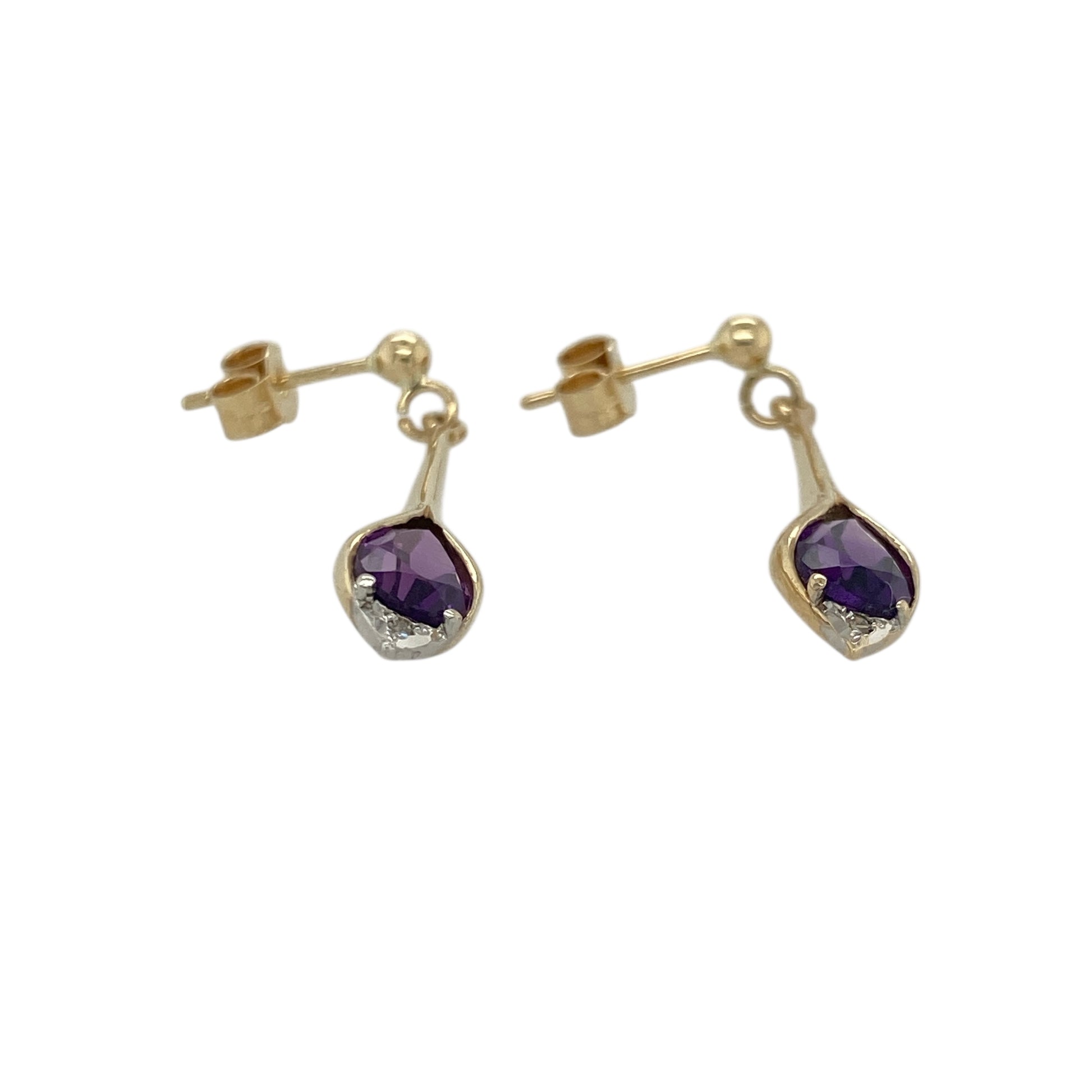 Pre-owned 9ct Yellow Gold Diamond &amp; Amethyst Set Drop Earrings with the weight 2 grams. The amethyst stones are each 8mm by 6mm