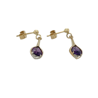 Pre-owned 9ct Yellow Gold Diamond &amp; Amethyst Set Drop Earrings with the weight 2 grams. The amethyst stones are each 8mm by 6mm