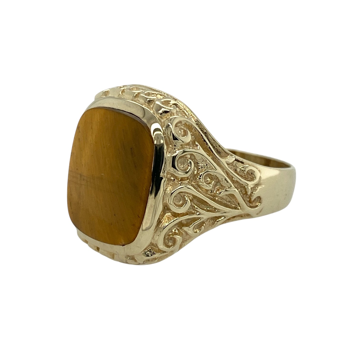 Add bold character and natural warmth to your collection with this pre-owned 9ct yellow gold and tiger’s eye signet ring, showcasing rich golden tones and distinctive detail—perfect for everyday sophistication or standout style.

Design: The ring features a striking rectangular tiger’s eye stone measuring 14mm by 12mm, displaying its signature chatoyant shimmer. The gold surrounding the stone is patterned, adding texture and depth to the classic signet design.