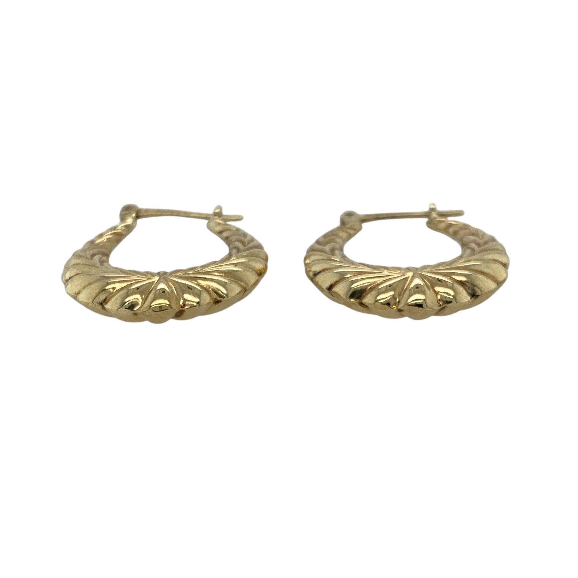 Add classic elegance and subtle texture to your collection with these pre-owned 9ct yellow gold patterned creole earrings, offering timeless style with a touch of intricate detail—perfect for everyday wear or special occasions.

Design: Each earring features a traditional creole hoop shape adorned with delicate patterned detailing that catches the light beautifully.
Material: Made from 9-carat yellow gold, the polished finish enhances the warm tone of the metal and adds refined shine.
