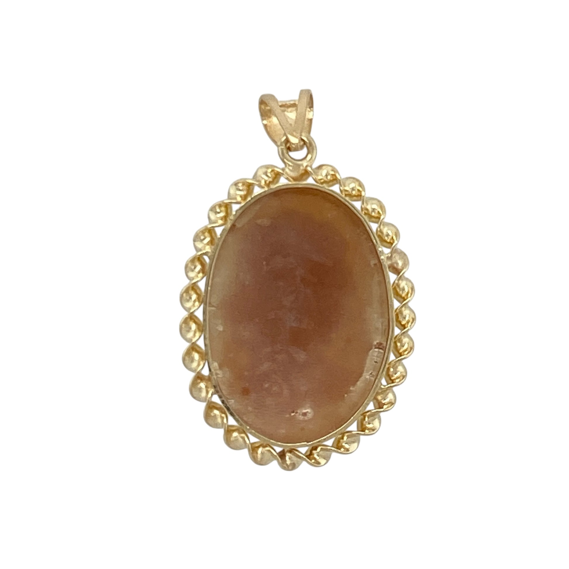 Add vintage charm and timeless elegance to your collection with this pre-owned 9ct yellow gold and cameo oval pendant, featuring intricate craftsmanship and classic style—perfect for special occasions or refined everyday wear.

Design: The pendant showcases an 18mm by 13mm oval cameo stone framed by a detailed rope-style surround, highlighting the artistry and depth of the carved design.