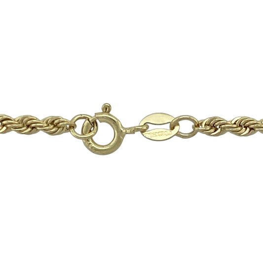Add classic texture and elegant shine to your collection with this pre-owned 9ct yellow gold rope chain, featuring a timeless design that’s perfect for everyday wear or layering with other pieces.

Design: The chain showcases a traditional rope-style link pattern measuring 3mm wide, creating a beautiful twisted effect that reflects light from every angle.
Material: Made from 9-carat yellow gold, the polished finish enhances the chain’s rich tone and lasting brilliance.