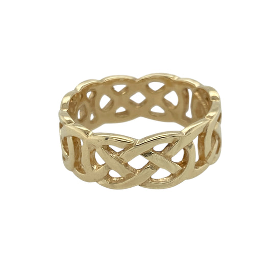 Add timeless charm and intricate detail to your collection with this pre-owned 9ct yellow gold open Celtic weave band ring, inspired by traditional craftsmanship and enduring symbolism—perfect for everyday wear or meaningful gifting.

Design: The ring features an elegant open Celtic weave pattern, representing eternal love and unity, with interlacing lines that create a distinctive and eye-catching design. The band measures 8mm wide, giving it a bold yet refined presence.