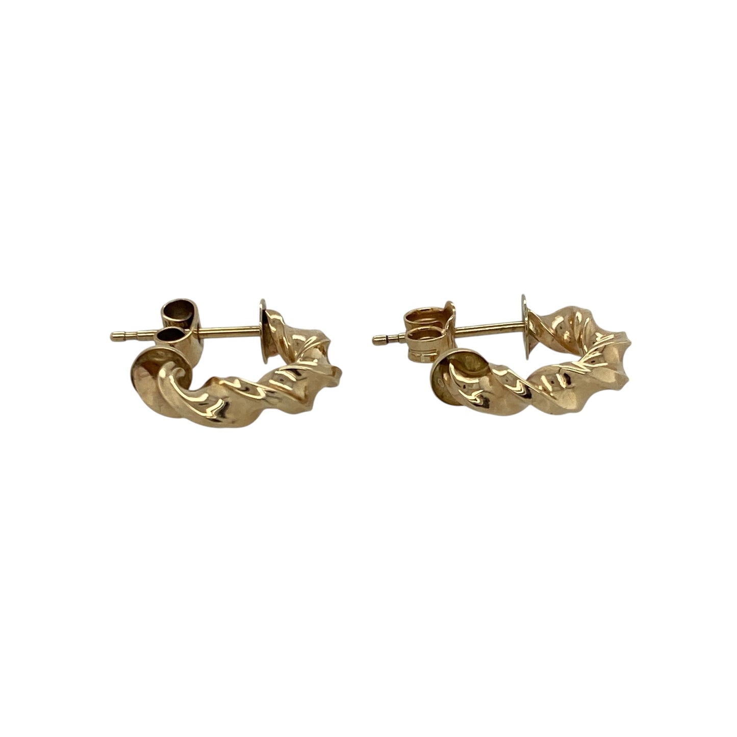 Add subtle elegance and timeless shine to your look with these pre-owned 9ct yellow gold twisted half hoop stud earrings, combining classic style with a modern twist—perfect for everyday wear or special occasions.

Design: Each earring features a refined half-hoop shape with a delicate twisted design, adding texture and light-catching movement for understated sophistication.
Material: Made from 9-carat yellow gold, the polished finish enhances the warm golden tone and provides a radiant glow.